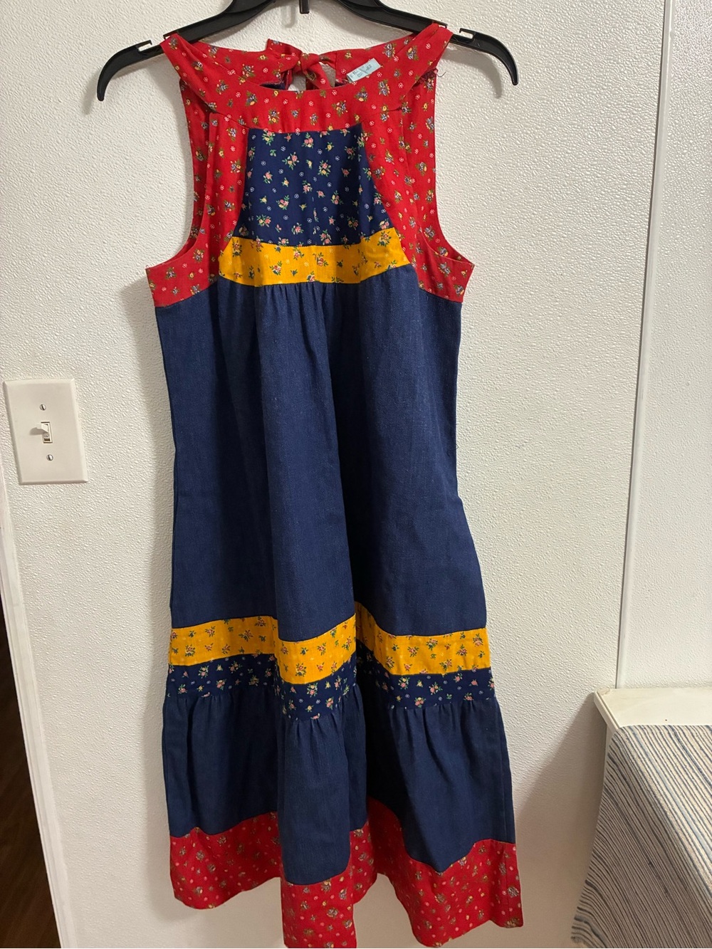 Vintage Boho Prairie Patchwork Floral Midi Dress in Red, Denim & Yellow Size 14